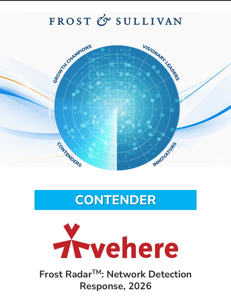 Vehere Frost Radar 2026 recognition banner showing the Frost & Sullivan Radar graphic and Contender designation for Network Detection and Response.