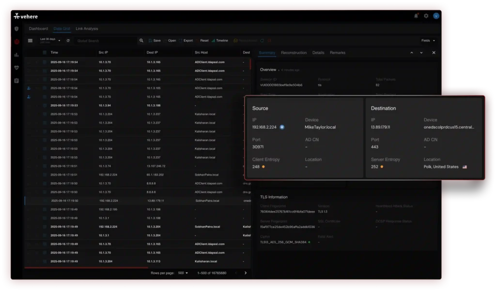 Vehere dashboard providing complete alert details and packet-level visibility.