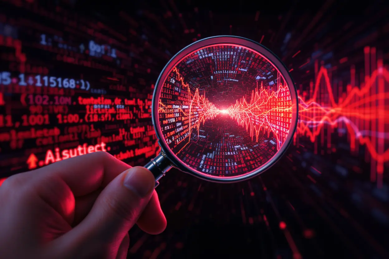 Magnifying glass inspecting cyber-data on digital screen representing lossless network visibility by Vehere