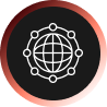 White globe network icon inside a black circle with red-orange halo, symbolizing Vehere’s mission to protect nations through intelligence-grade cybersecurity