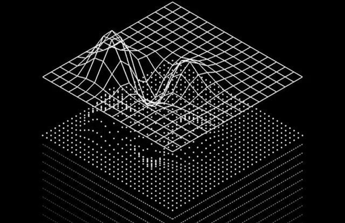 Abstract 3D wireframe grid and data landscape representing layered intelligence and analytical depth