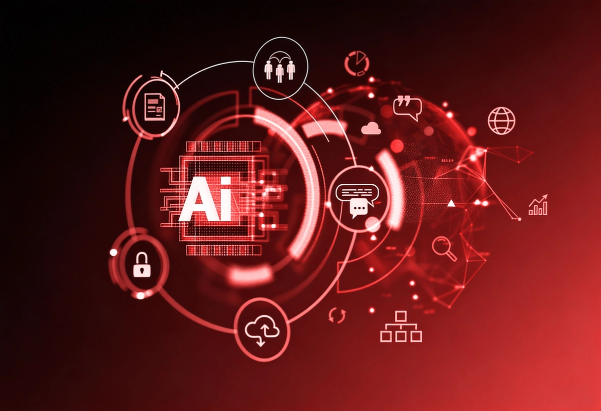 Artificial intelligence platform visualization showing secure data processing, analytics, and connected digital services
