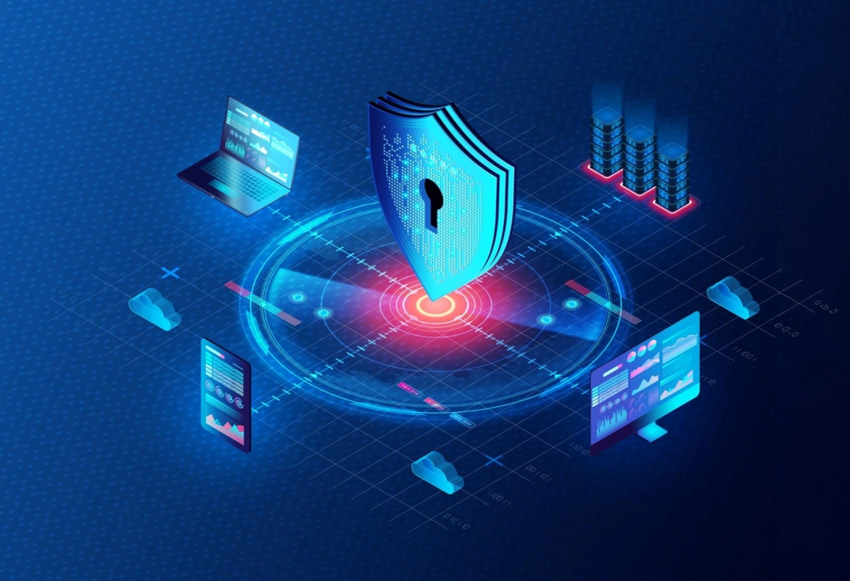 Digital shield with lock icon protecting network systems, data, and devices across a connected environment