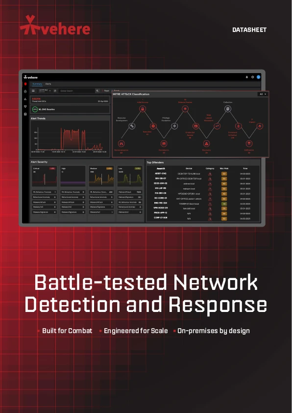 Vehere network detection and response dashboard showing threat analysis, alerts, and MITRE ATT&CK classification