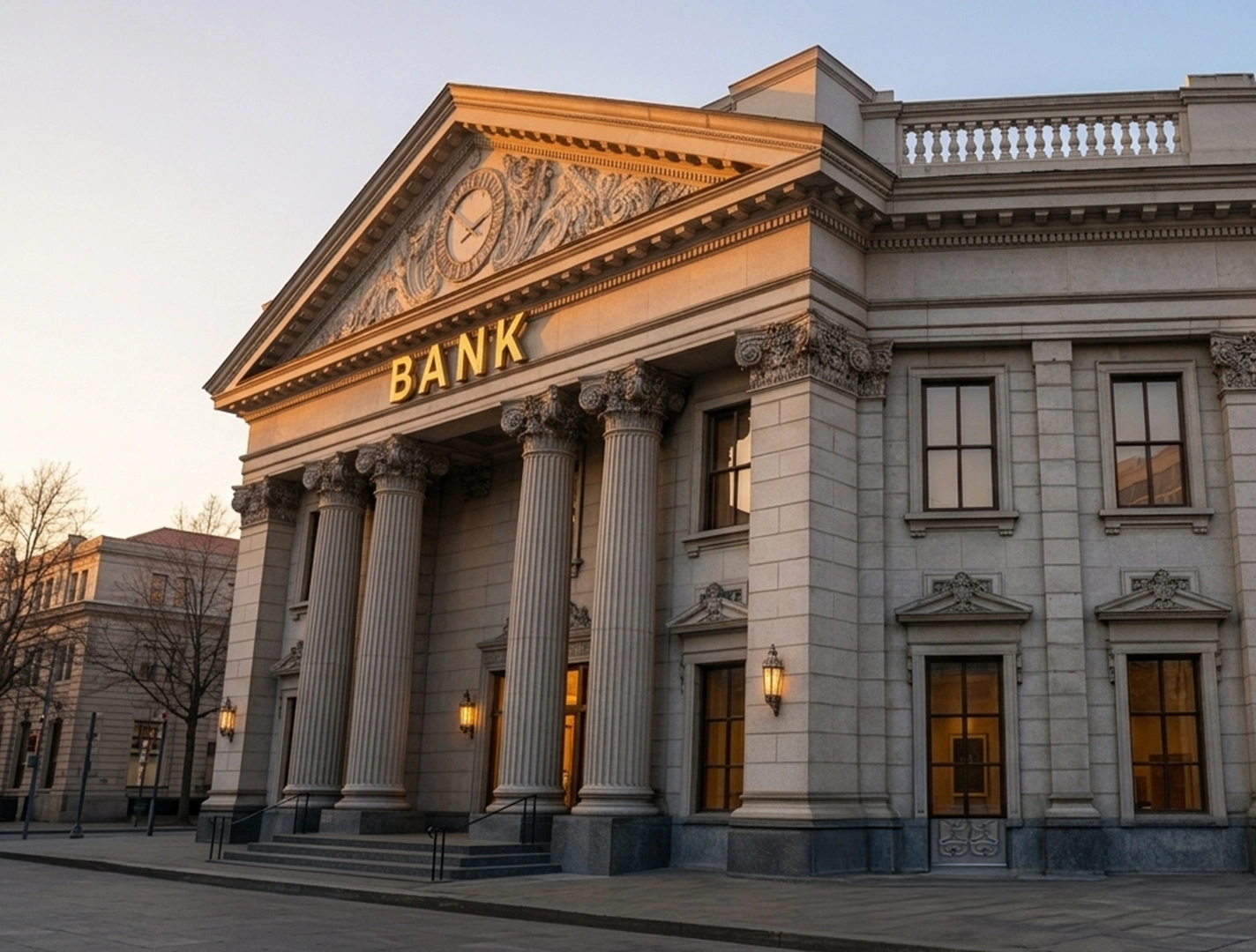 Large banking institution building with classical architecture representing financial infrastructure and institutional security