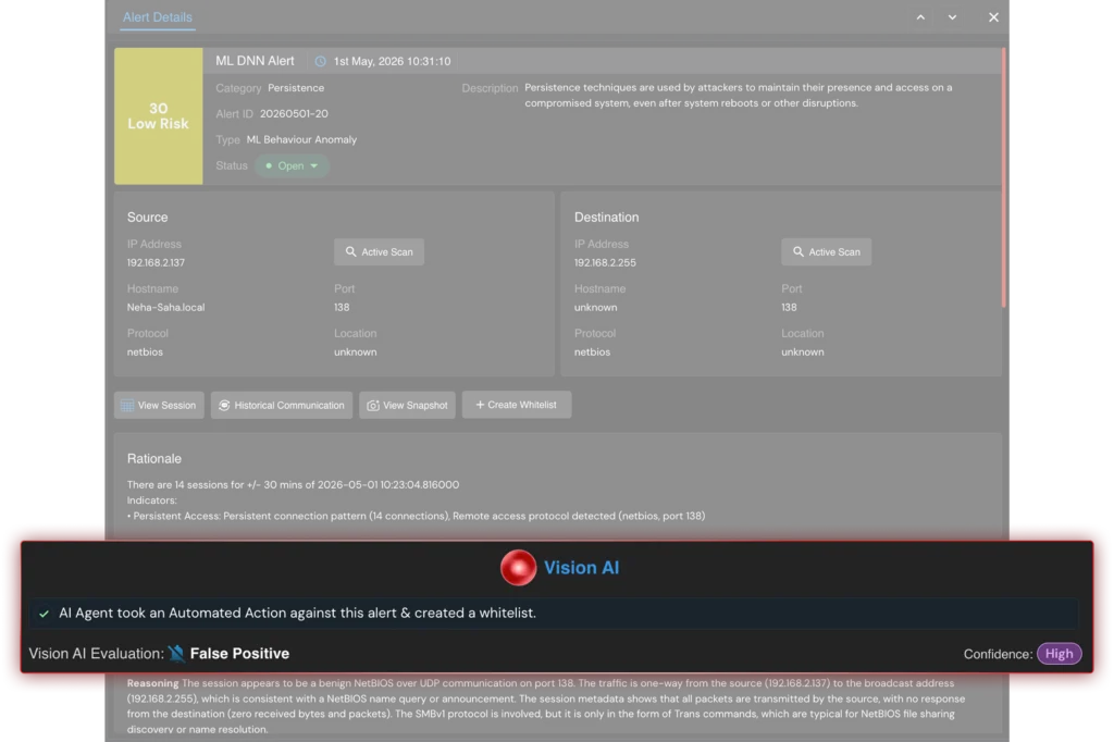 An example of intelligent whitelisting of a low-risk Persistence category alert with high-confidence false positive evaluation. The whitelisting action is explained with a clear reasoning.