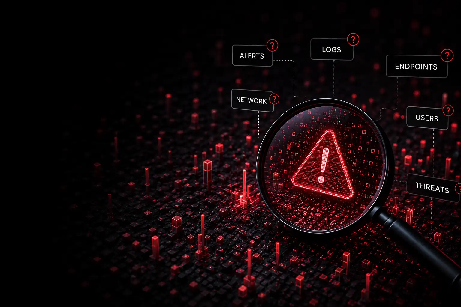 Threat detection visualization showing alerts, logs, endpoints, users, network activity, and threats correlated for security investigation and analysis.