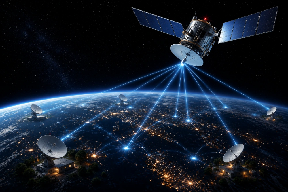 Satellite in orbit providing VSAT satellite communication by connecting multiple ground stations through secure, high-speed communication links.