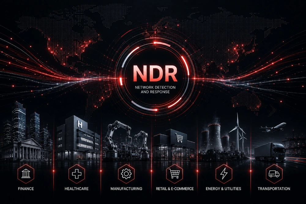 NDR infographic showing network detection and response across finance, healthcare, manufacturing, retail and e-commerce, energy and utilities, and transportation.