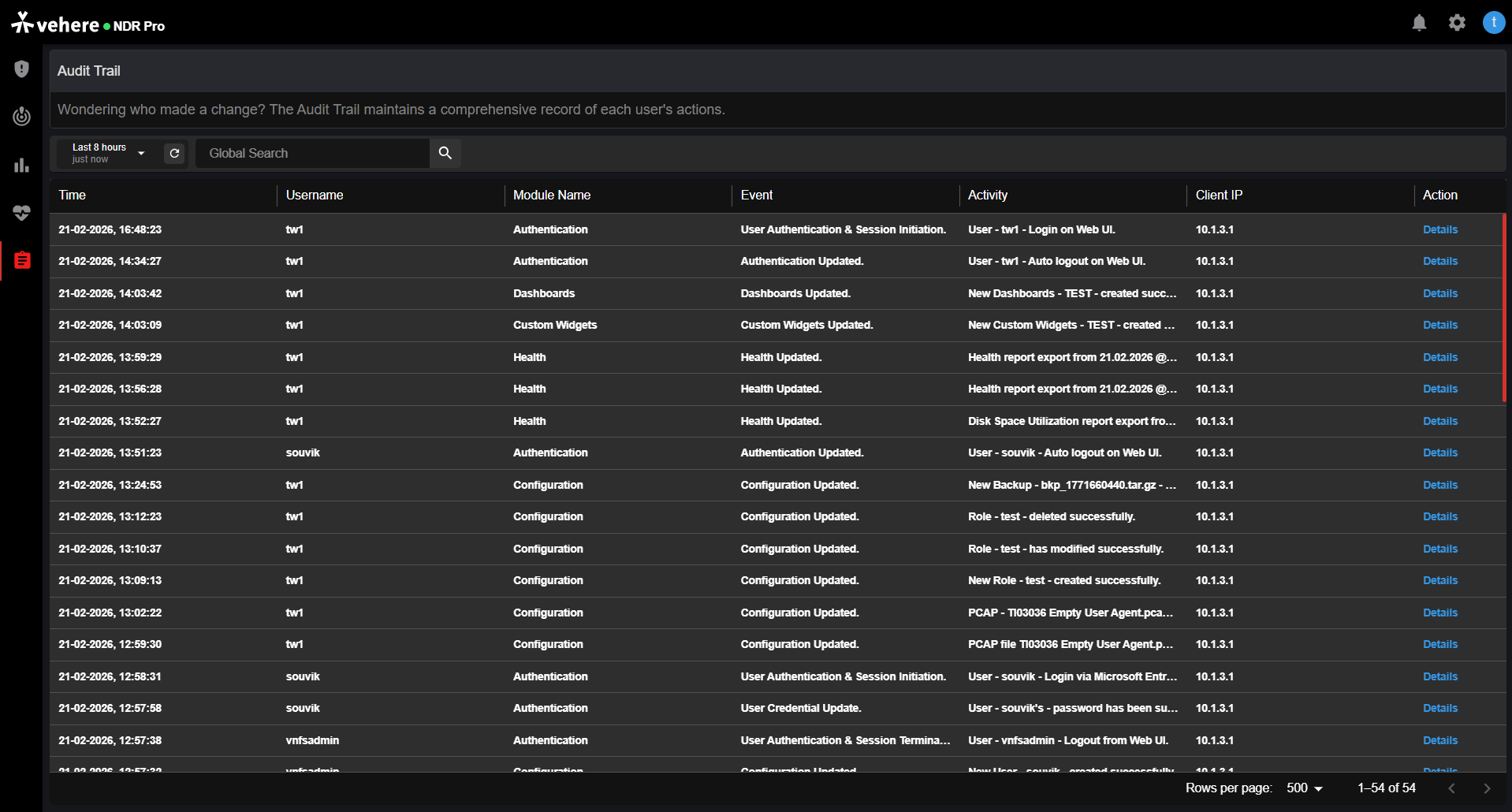 Vehere NDR Audit Trail showing timestamps, usernames, module names, events, activities, client IPs, and actions.