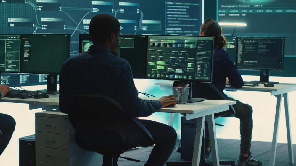 Cybersecurity professionals monitoring network activity and security data with Vehere NDR.