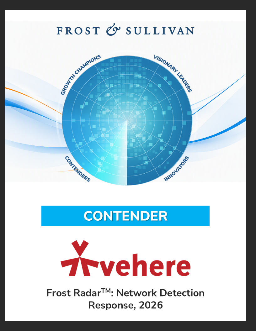 Vehere Frost Radar™ recognition banner displaying the Vehere logo and Contender designation in Frost & Sullivan’s Network Detection and Response, 2026 assessment.