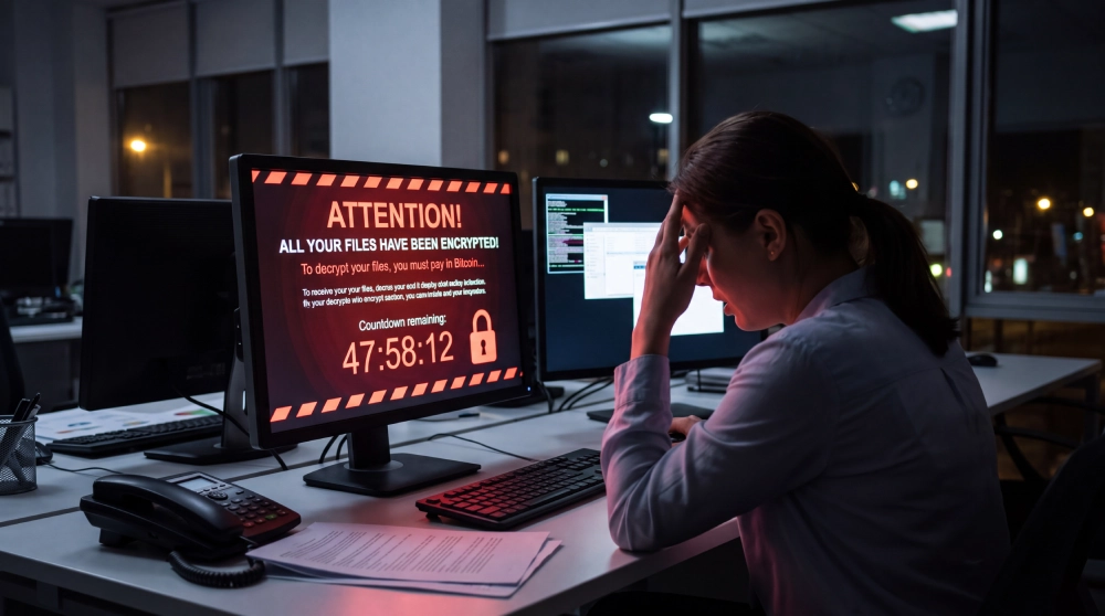 Employee facing a computer screen displaying a ransomware warning, Bitcoin payment demand, and countdown timer, illustrating the impact of file encryption by the NightSpire ransomware platform.