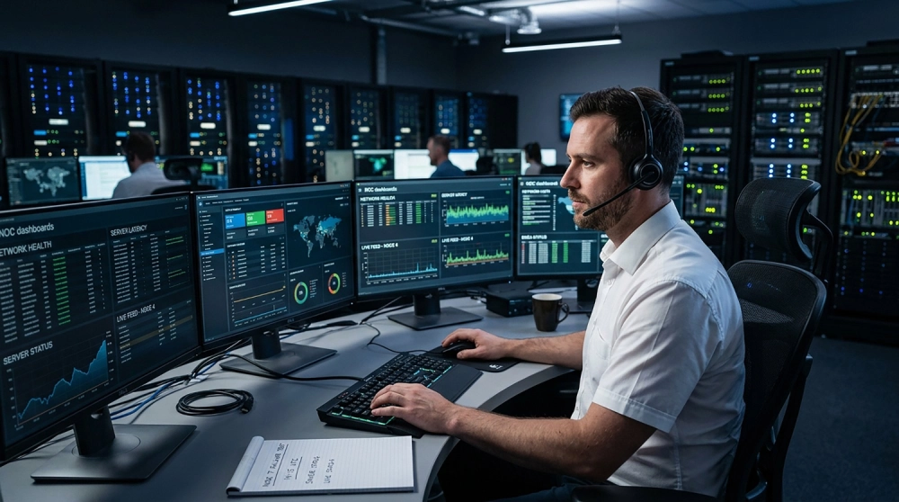 Security professional monitoring network activity, server status, and security dashboards in a network operations center.