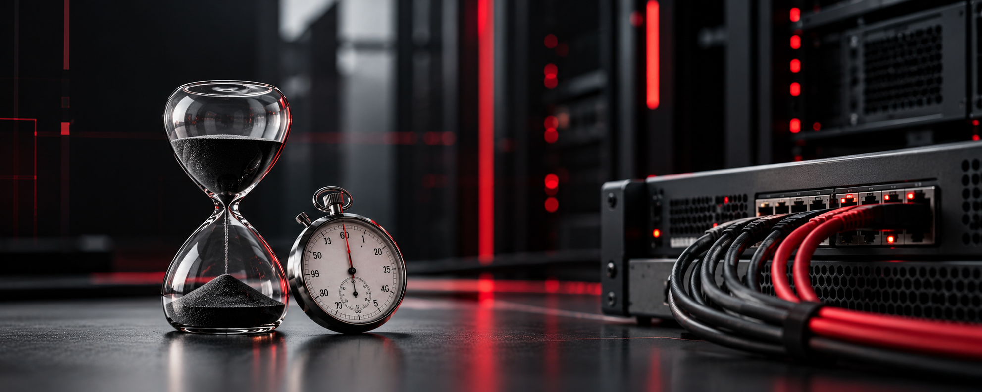 Hourglass and stopwatch beside network equipment with red and black cables, illustrating time pressure and network security blind spots.